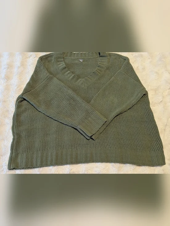 Aerie Olive Green V-Neck Knit Sweater - Picture 2 of 5